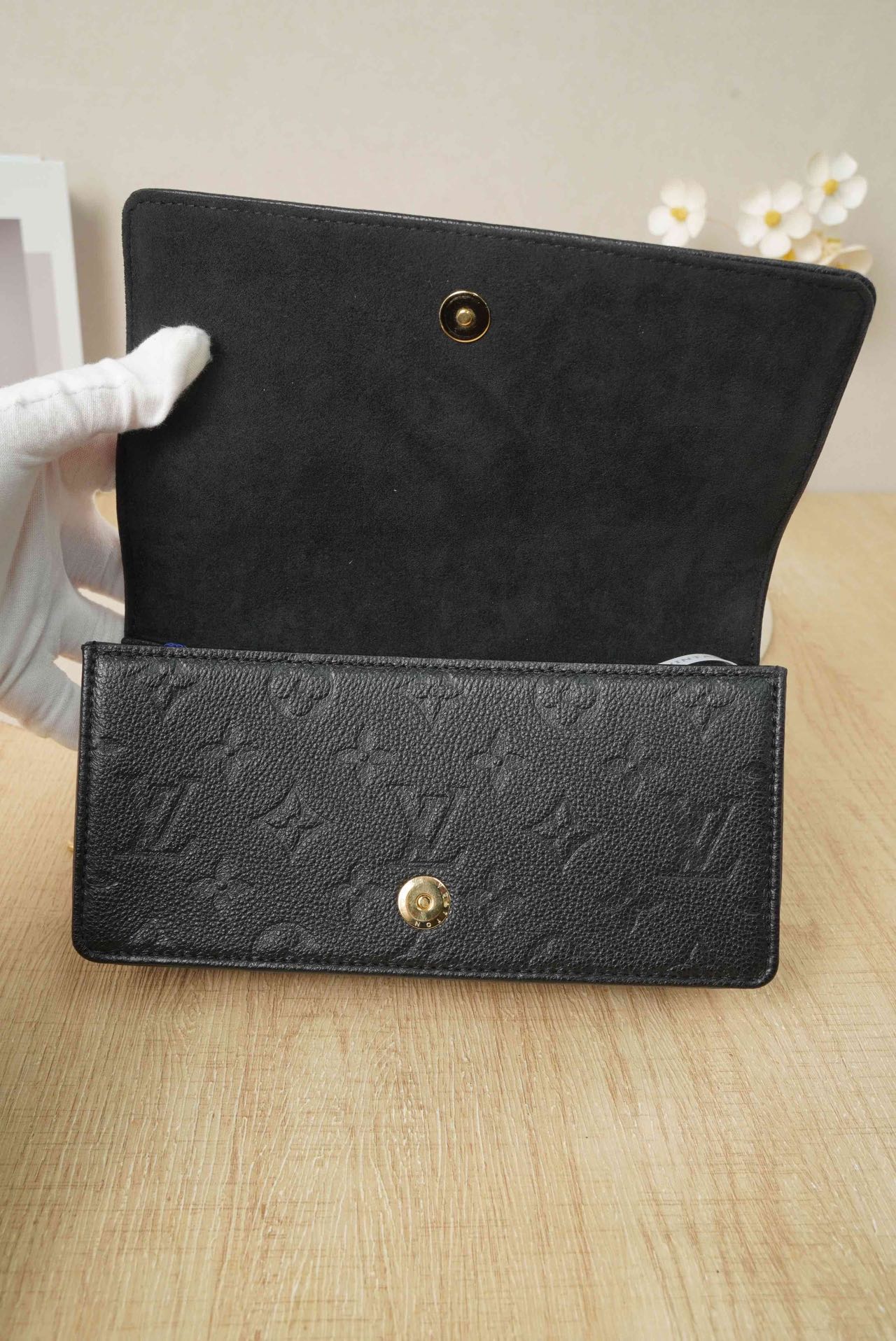 Pre-owned Certified LV Louis Vuitton Lily Wallet On Chain in Black Monogram Empreinte leather with Golden Hardware, Microchipped, w/full set