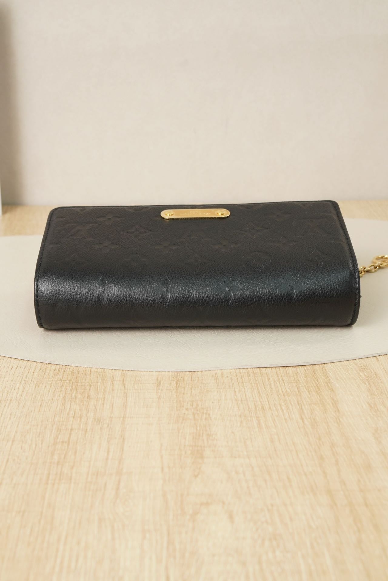 Pre-owned Certified LV Louis Vuitton Lily Wallet On Chain in Black Monogram Empreinte leather with Golden Hardware, Microchipped, w/full set