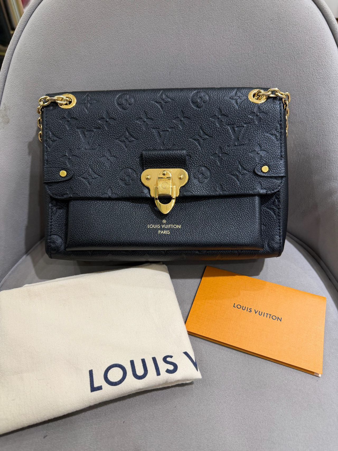 Pre-owned Certified LV Louis Vuitton PM Vavin in Black Mongram Empreinte with Golden Hardware, Microchipped, w/ dust bag