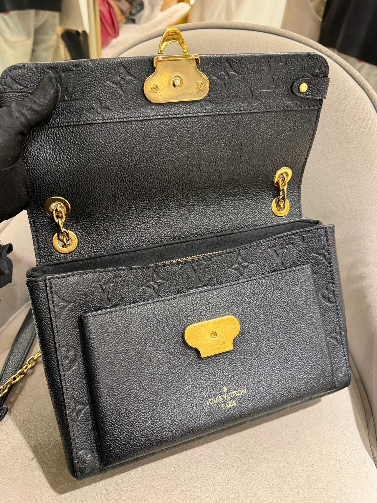 Pre-owned Certified LV Louis Vuitton PM Vavin in Black Mongram Empreinte with Golden Hardware, Microchipped, w/ dust bag