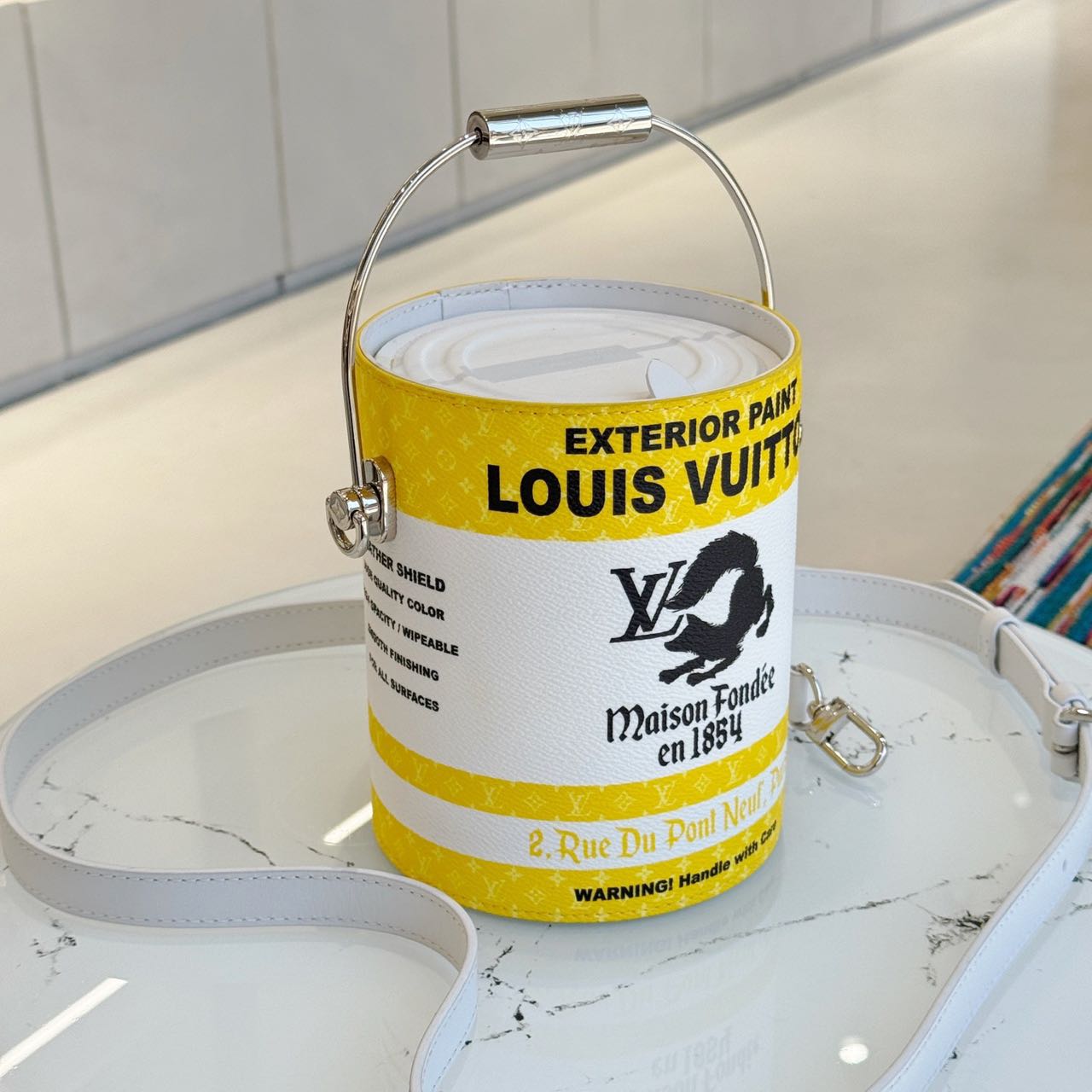 Pre-owned Certified LV Louis Vuitton Yellow Paint Can in Coated Canvas, 2022 Microchipped, w/strap
