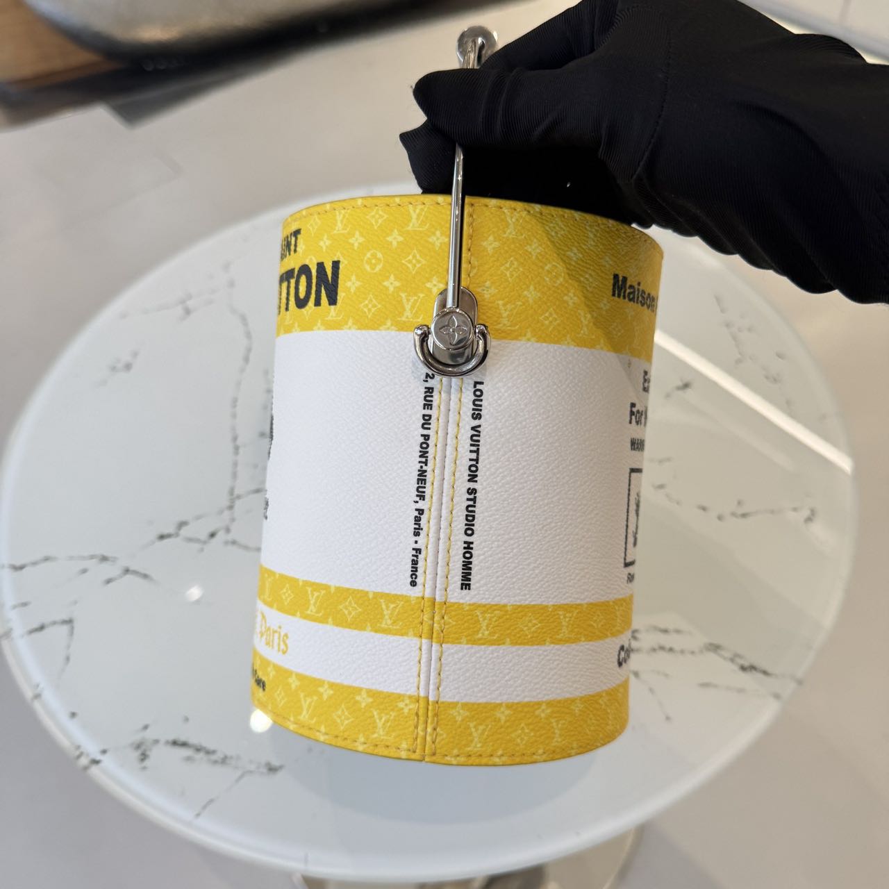 Pre-owned Certified LV Louis Vuitton Yellow Paint Can in Coated Canvas, 2022 Microchipped, w/strap