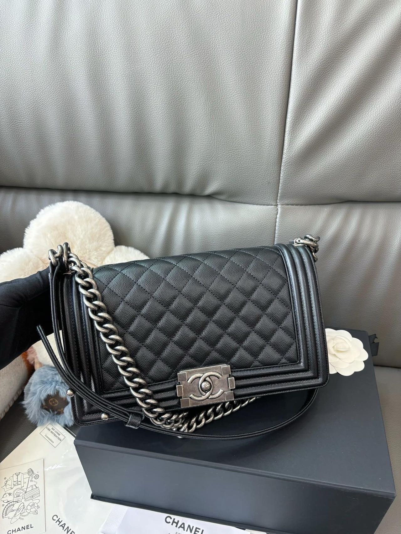Pre-owned Certified Chanel Medium Boy Bag in Black Caviar Leather with Silver Hardware, 2019-2020,  w/ full set