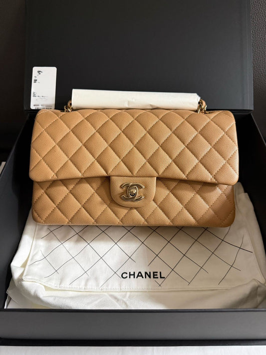 Pre-owned Certified Chanel Medium CF Double Classic Flap in Brown Caviar Leather with Golden Hardware, 2026, w/full set