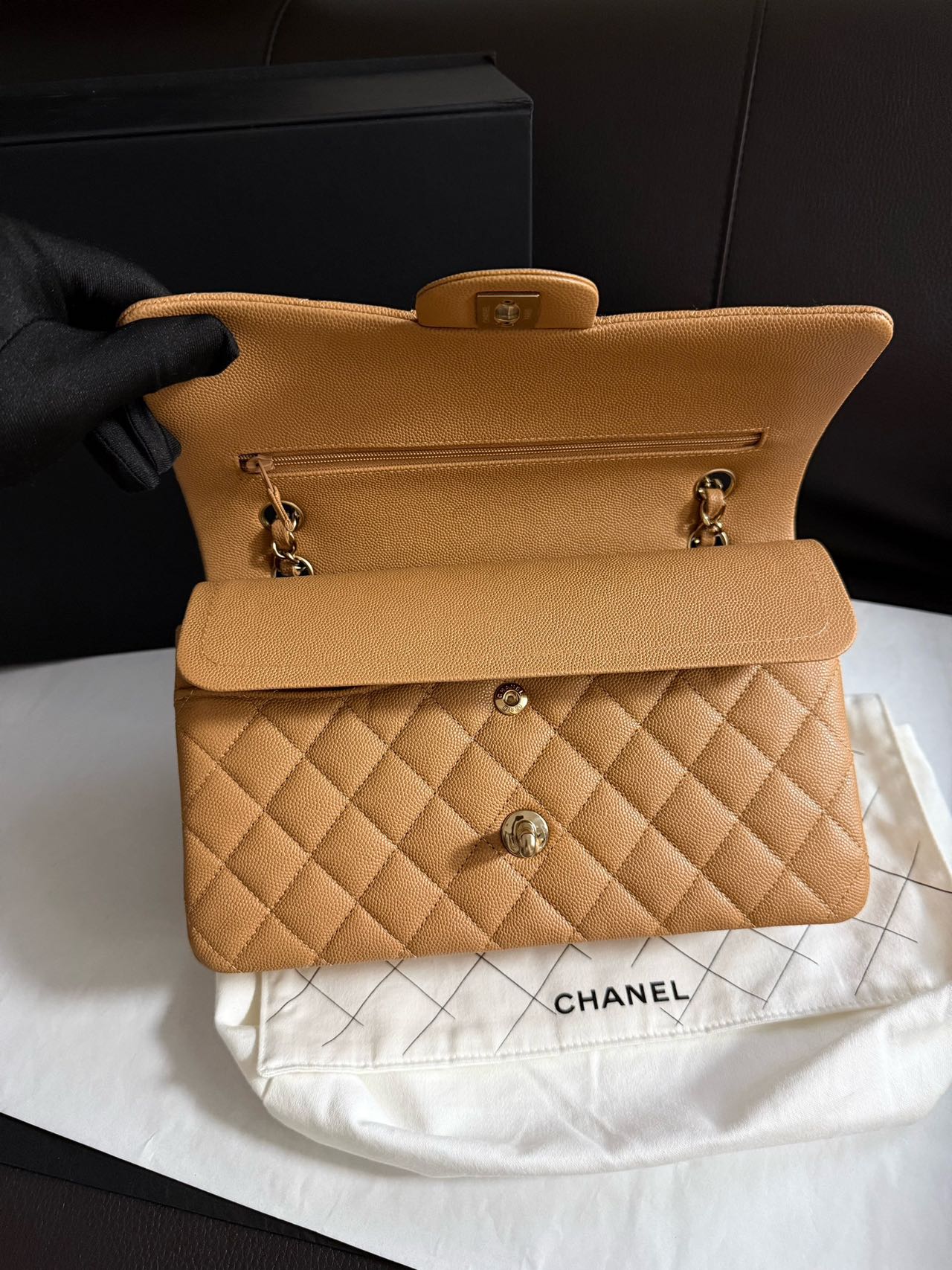 Pre-owned Certified Chanel Medium CF Double Classic Flap in Brown Caviar Leather with Golden Hardware, 2026, w/full set