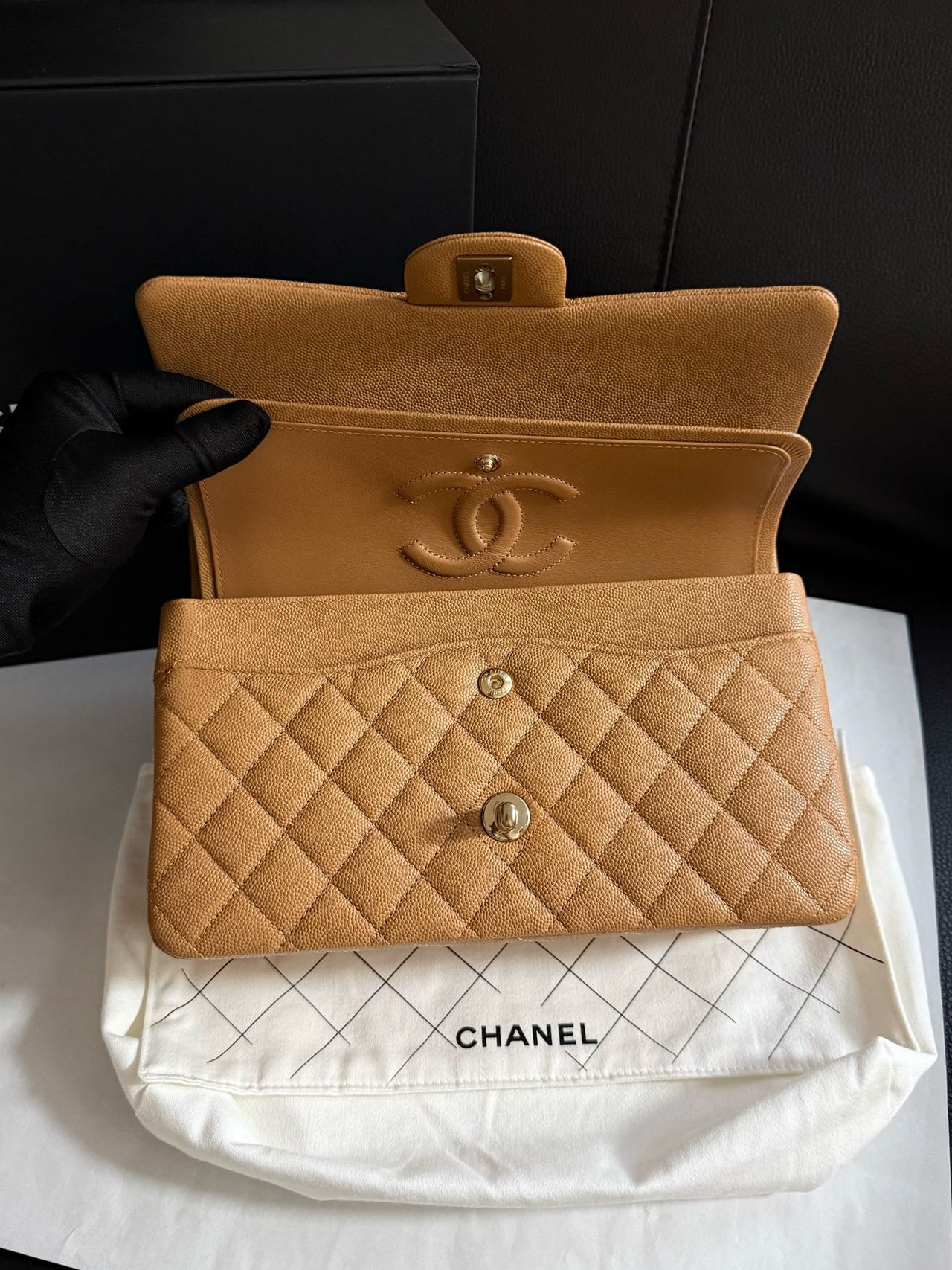 Pre-owned Certified Chanel Medium CF Double Classic Flap in Brown Caviar Leather with Golden Hardware, 2026, w/full set