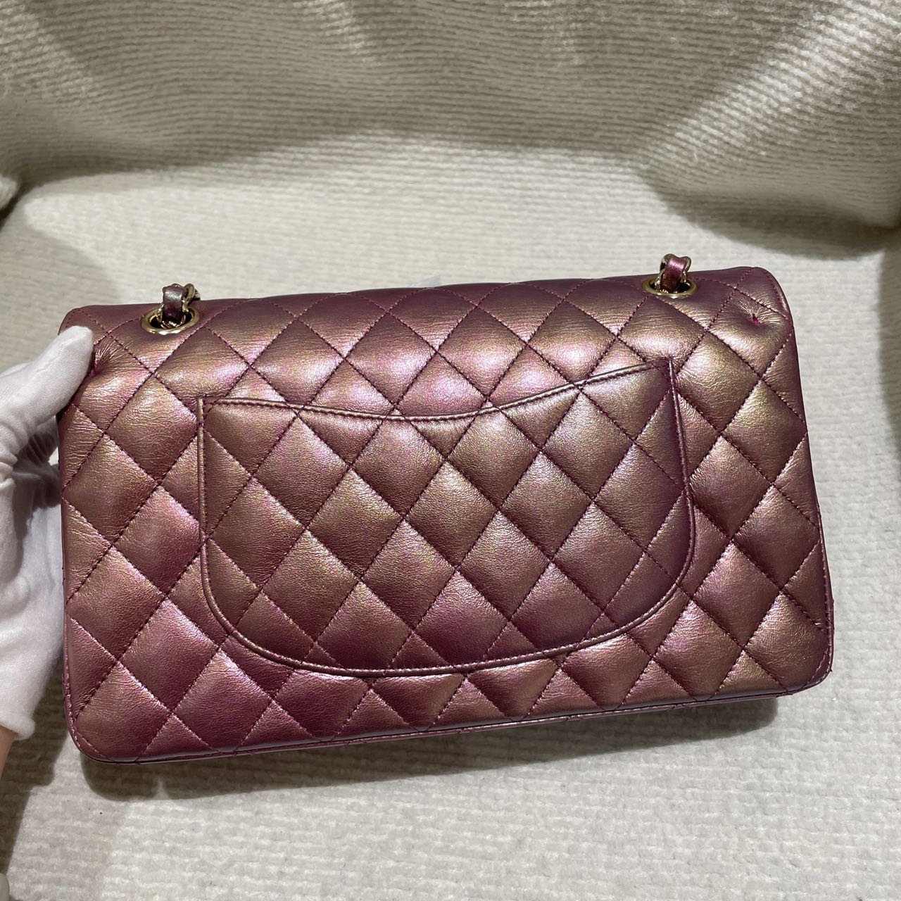 Pre-owned Certified Chanel Medium CF Double Classic Flap in Purple Rainbow Iridescent Lambskin with Light Golden Hardware, 2020-2021, w/ Full Set