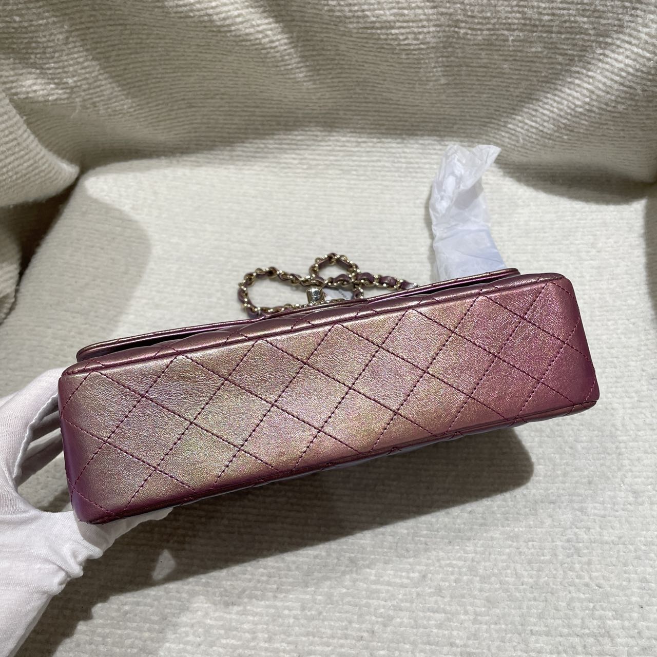 Pre-owned Certified Chanel Medium CF Double Classic Flap in Purple Rainbow Iridescent Lambskin with Light Golden Hardware, 2020-2021, w/ Full Set