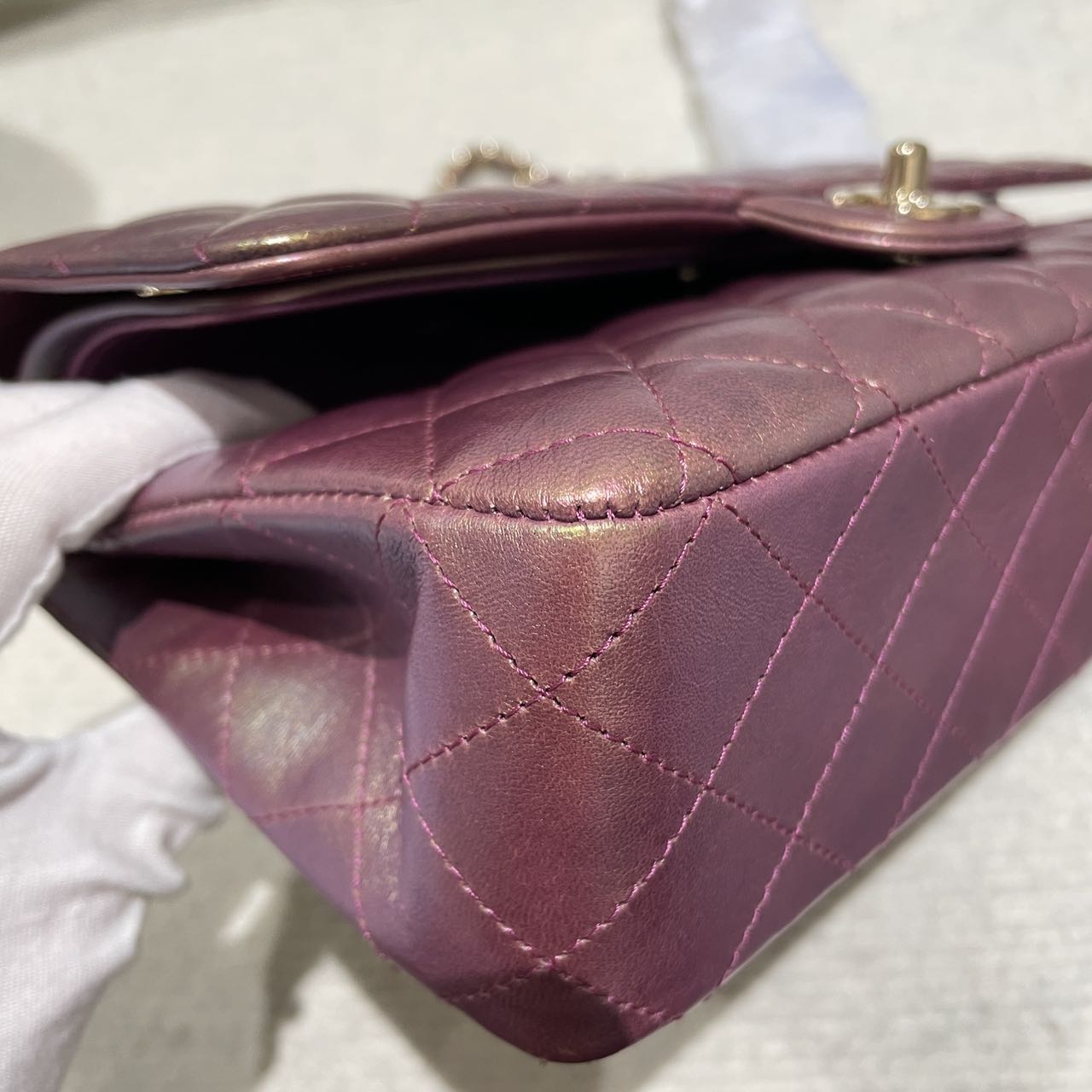 Pre-owned Certified Chanel Medium CF Double Classic Flap in Purple Rainbow Iridescent Lambskin with Light Golden Hardware, 2020-2021, w/ Full Set