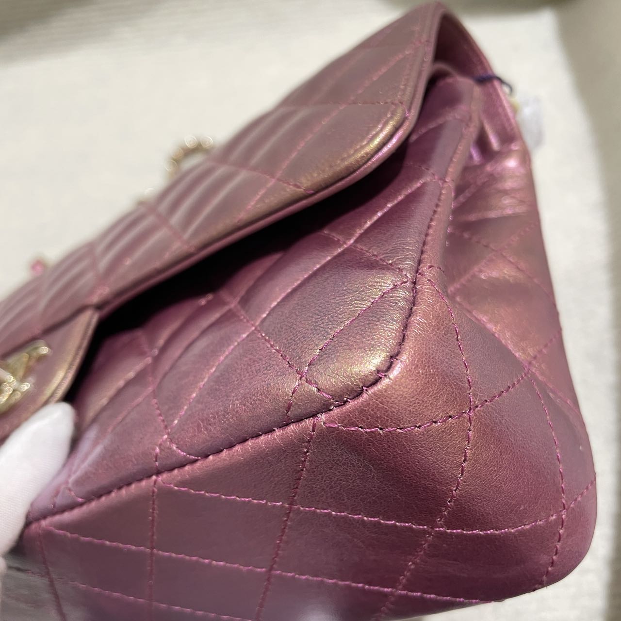 Pre-owned Certified Chanel Medium CF Double Classic Flap in Purple Rainbow Iridescent Lambskin with Light Golden Hardware, 2020-2021, w/ Full Set