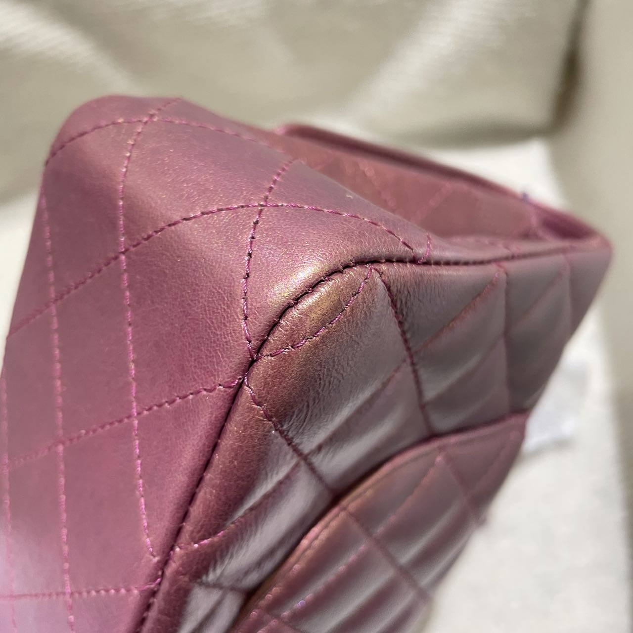 Pre-owned Certified Chanel Medium CF Double Classic Flap in Purple Rainbow Iridescent Lambskin with Light Golden Hardware, 2020-2021, w/ Full Set