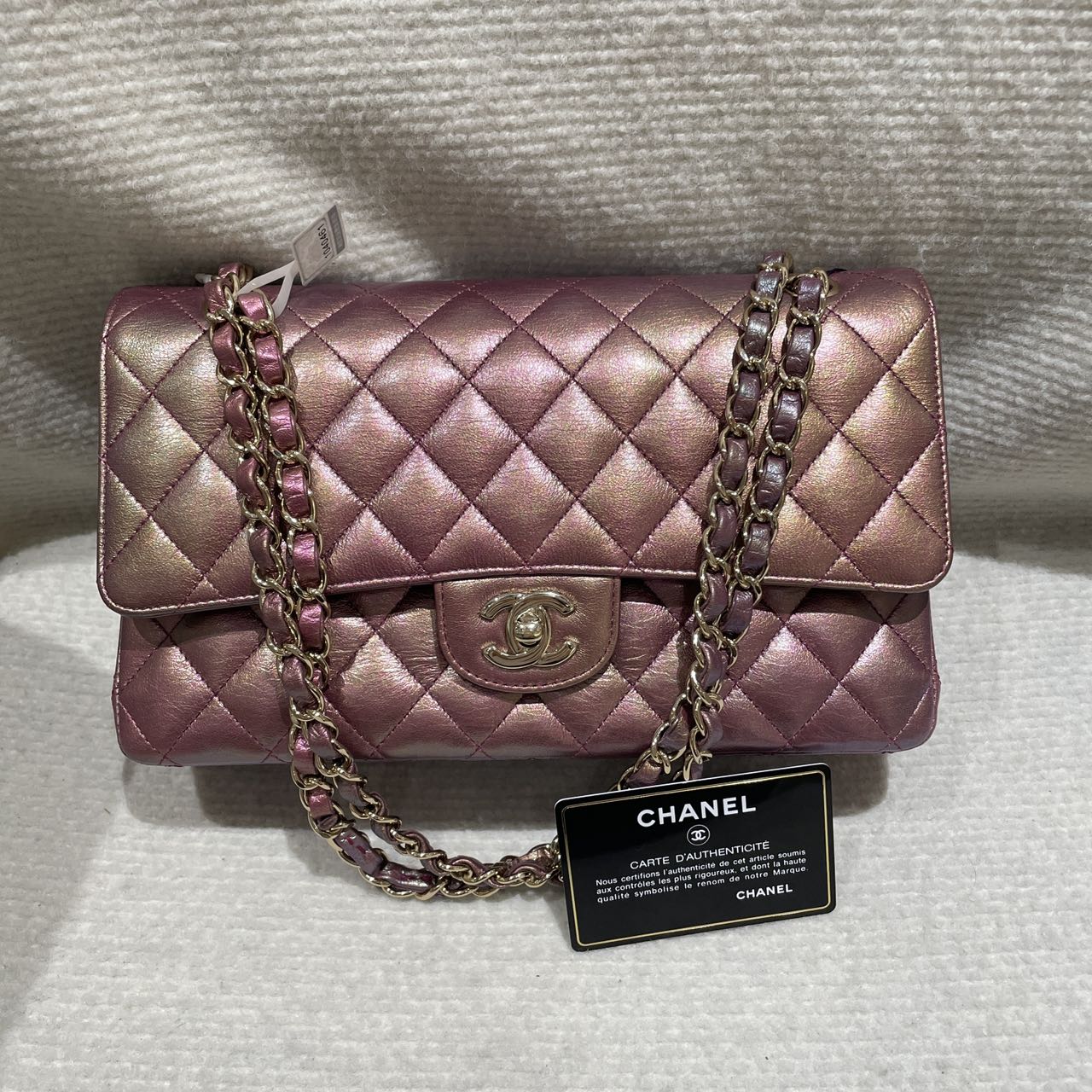 Pre-owned Certified Chanel Medium CF Double Classic Flap in Purple Rainbow Iridescent Lambskin with Light Golden Hardware, 2020-2021, w/ Full Set