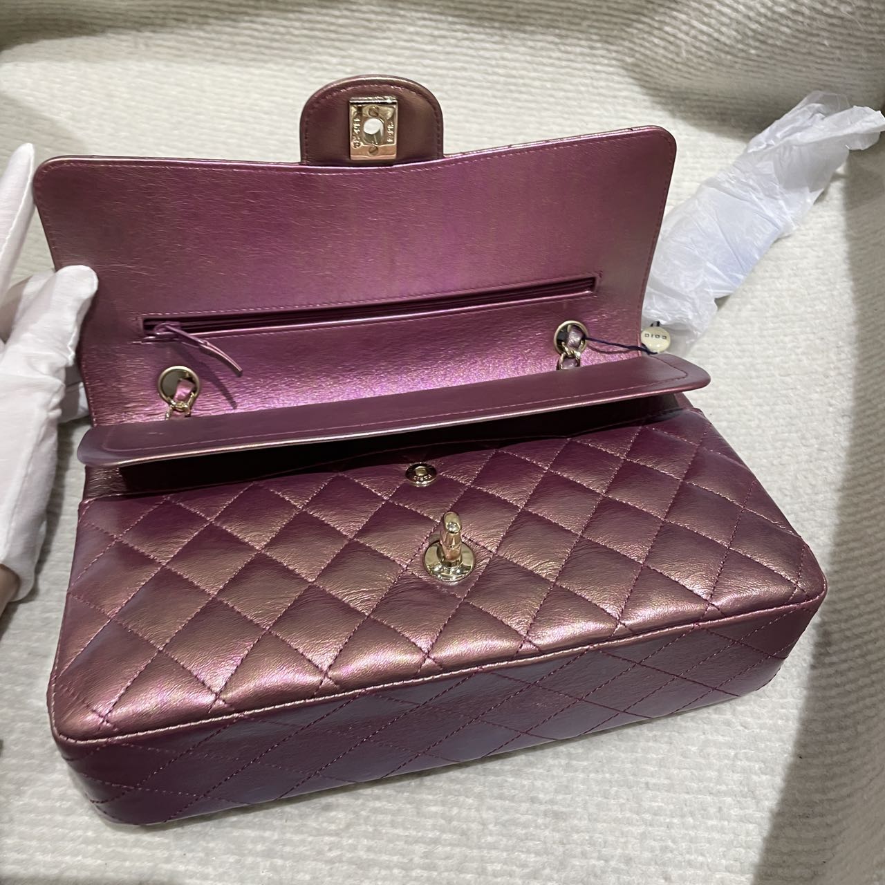 Pre-owned Certified Chanel Medium CF Double Classic Flap in Purple Rainbow Iridescent Lambskin with Light Golden Hardware, 2020-2021, w/ Full Set