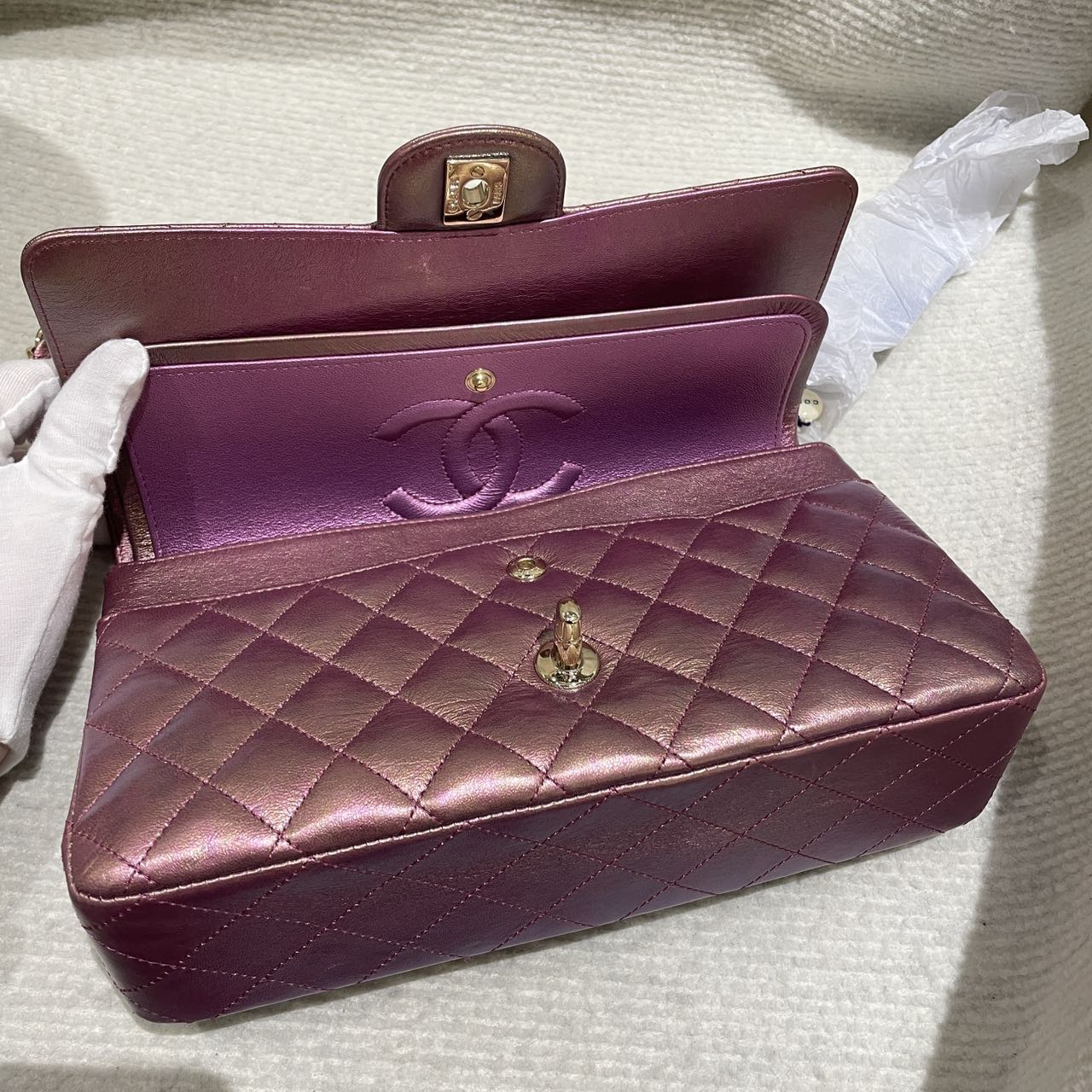 Pre-owned Certified Chanel Medium CF Double Classic Flap in Purple Rainbow Iridescent Lambskin with Light Golden Hardware, 2020-2021, w/ Full Set