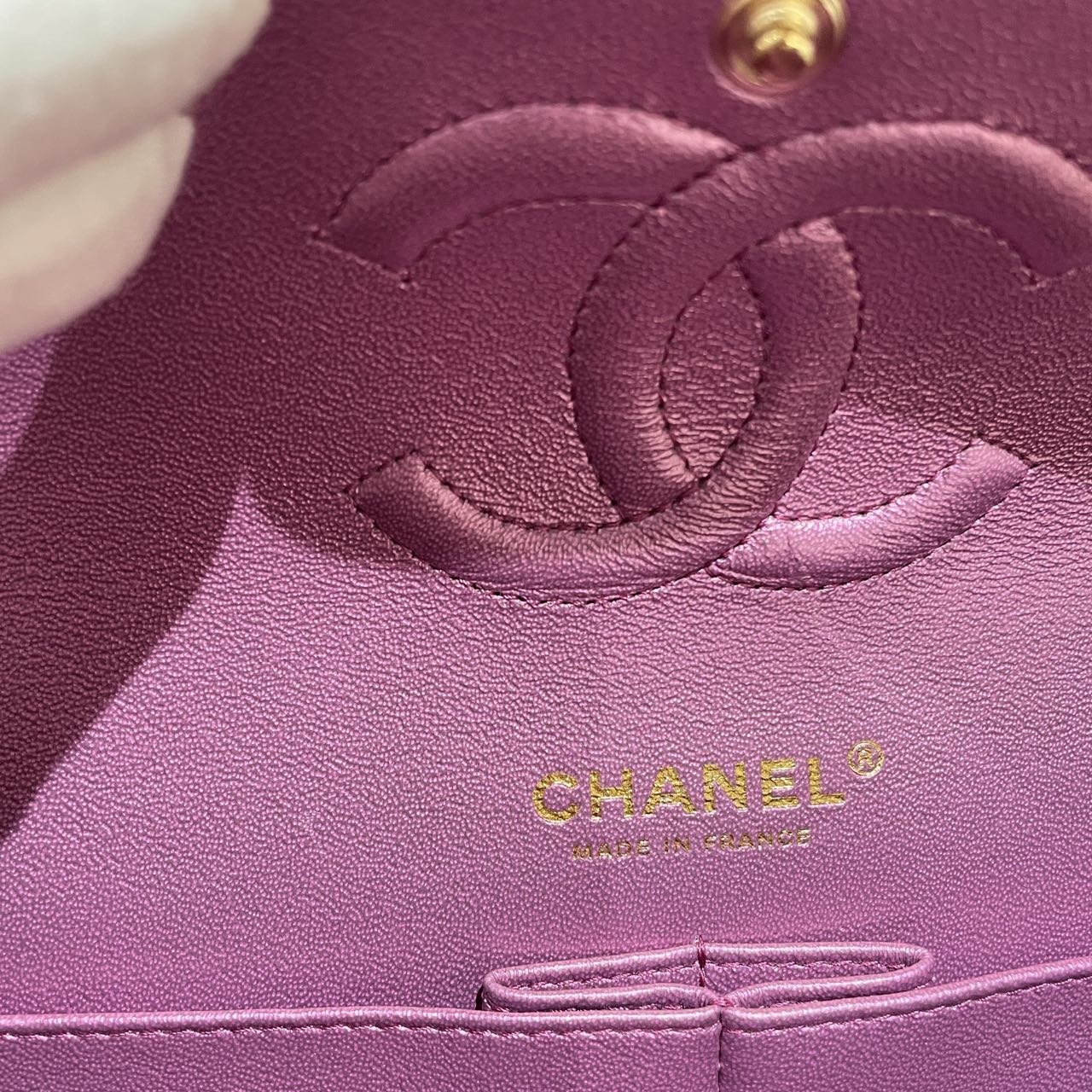 Pre-owned Certified Chanel Medium CF Double Classic Flap in Purple Rainbow Iridescent Lambskin with Light Golden Hardware, 2020-2021, w/ Full Set
