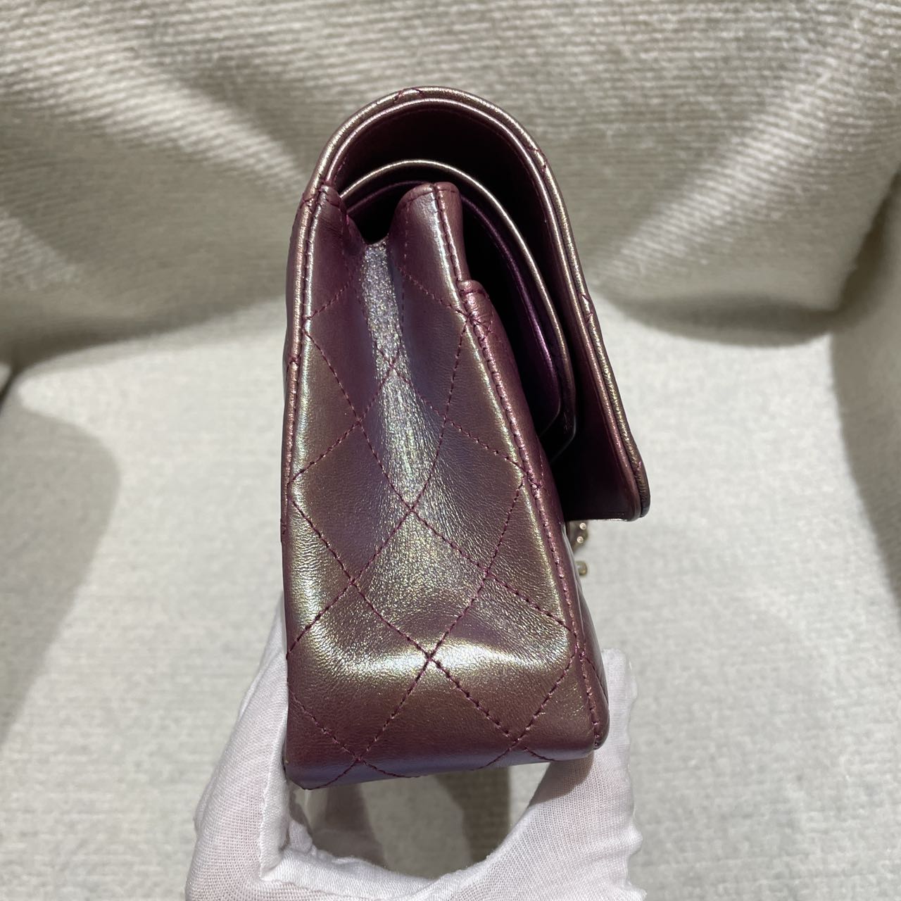 Pre-owned Certified Chanel Medium CF Double Classic Flap in Purple Rainbow Iridescent Lambskin with Light Golden Hardware, 2020-2021, w/ Full Set