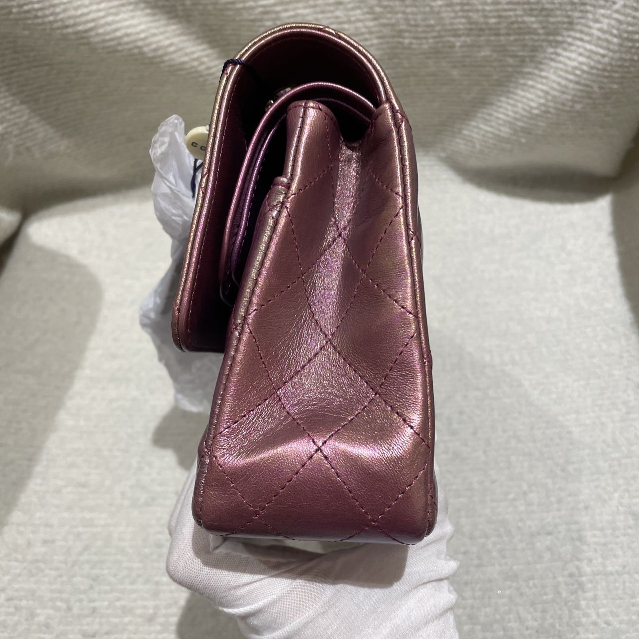 Pre-owned Certified Chanel Medium CF Double Classic Flap in Purple Rainbow Iridescent Lambskin with Light Golden Hardware, 2020-2021, w/ Full Set