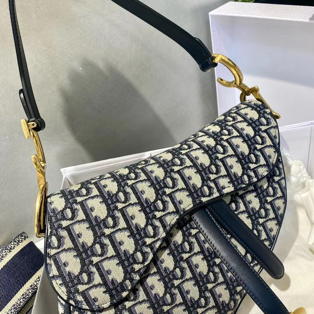 Pre-owned Dior Saddle Medium Blue Oblique Canvas Golden Hardware, 2019, Full Set with the Dior Strap