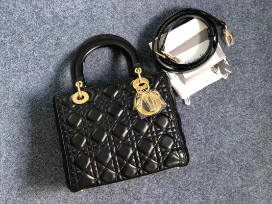 Brand New Medium Lady Dior Black Lambskin Golden Hardware, w/ long strap, dust bag, card