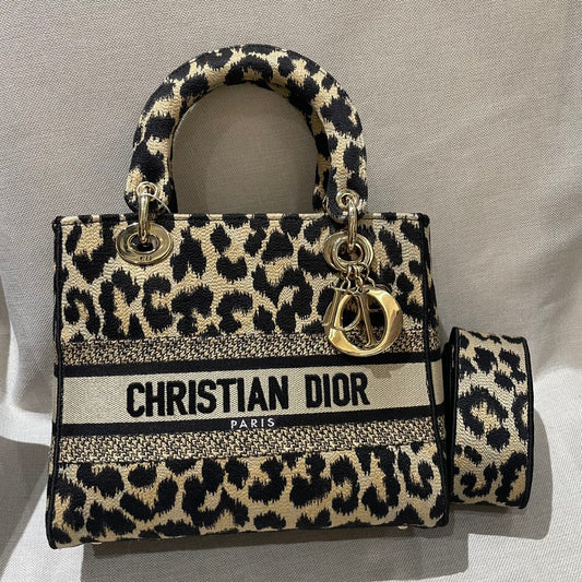 Pre-owned Certified Dior Medium Lady D-Lite in Leopard Print Canvas with Golden Hardware, 2022, w/ dust bag, strap