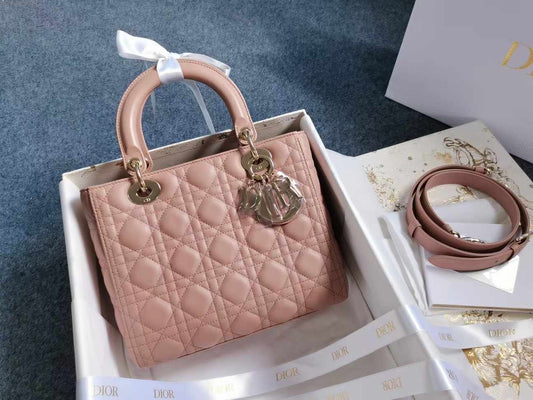 Brand New Medium Lady Dior Nude Pink Lambskin Light Golden Hardware, 2020, Full Set