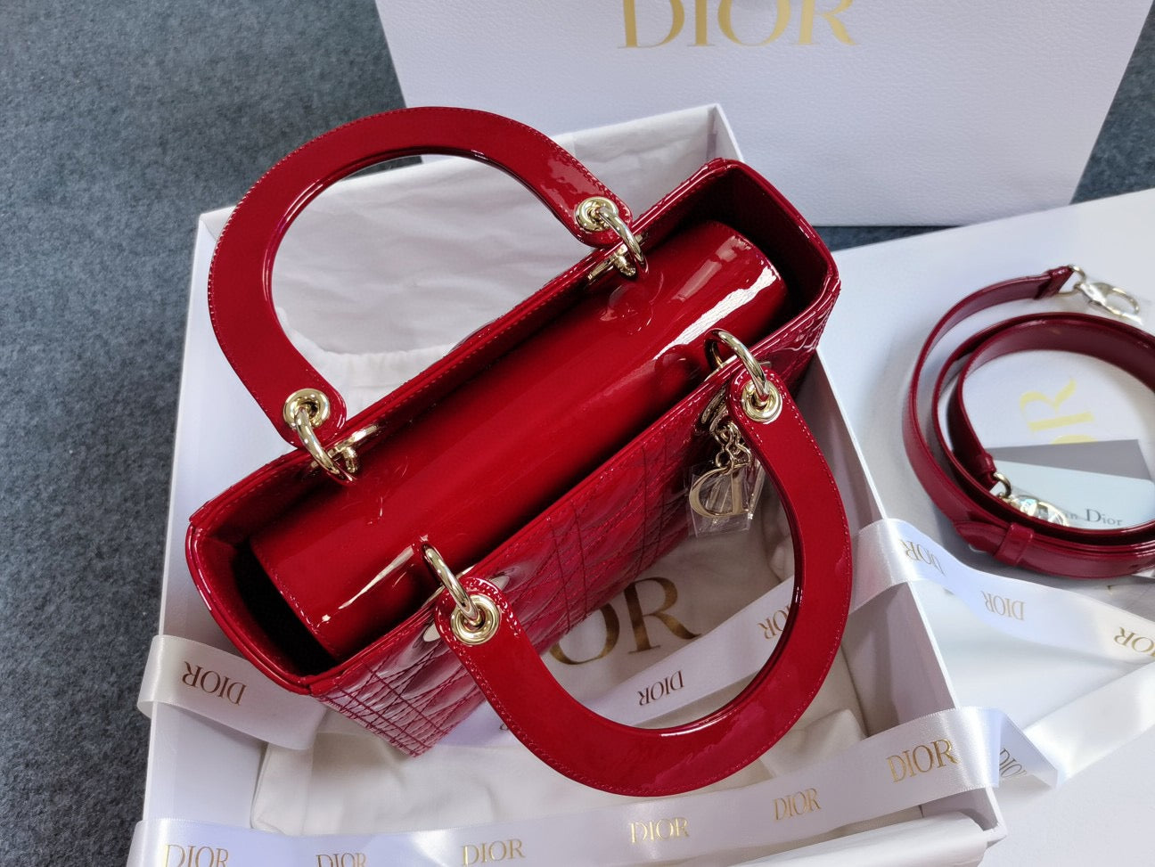 Brand New Medium Lady Dior Red Patent Leather Golden Hardware, 2019, Full Set