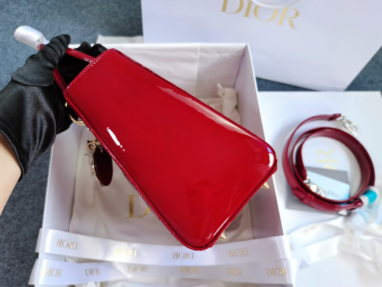 Brand New Medium Lady Dior Red Patent Leather Golden Hardware, 2019, Full Set