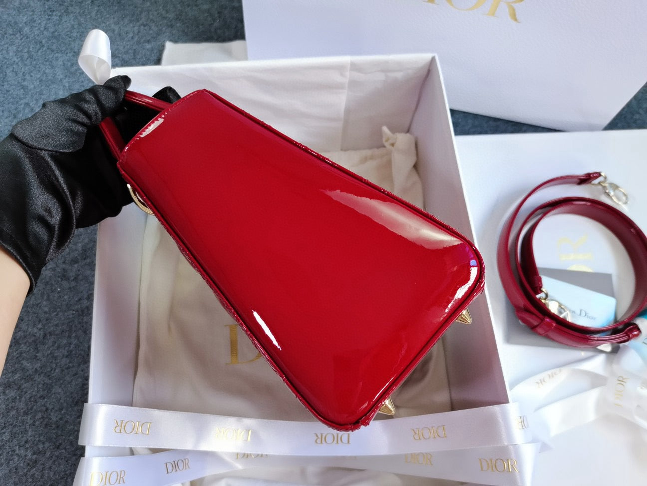 Brand New Medium Lady Dior Red Patent Leather Golden Hardware, 2019, Full Set