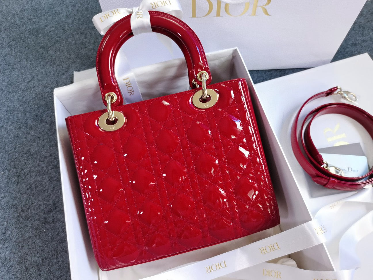 Brand New Medium Lady Dior Red Patent Leather Golden Hardware, 2019, Full Set