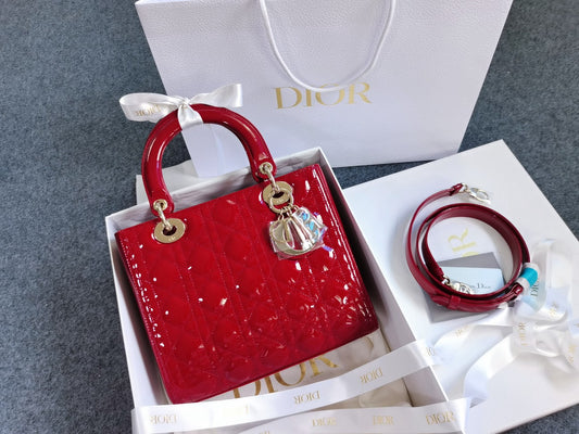 Brand New Medium Lady Dior Red Patent Leather Golden Hardware, 2019, Full Set