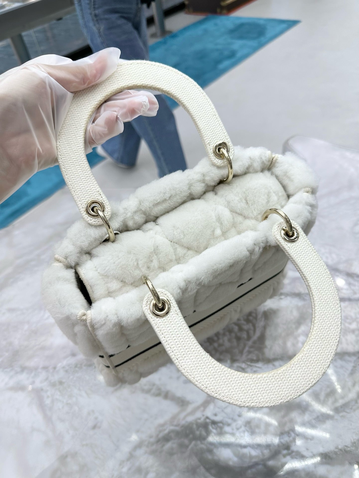 Pre-owned Medium Lady Dior Special Winter Edition White with Champagne Golden hw, w/ strap, dust bag, card