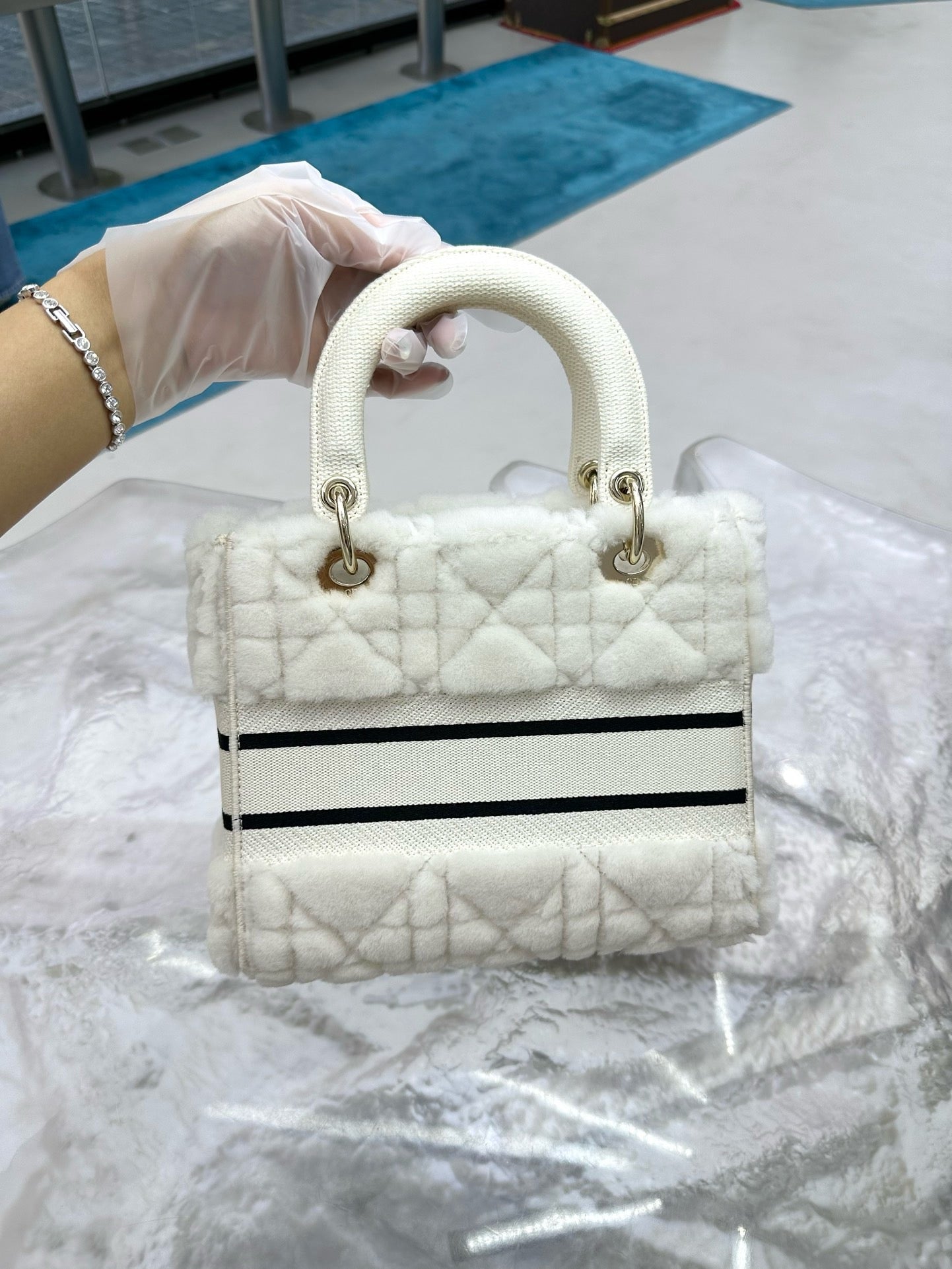 Pre-owned Medium Lady Dior Special Winter Edition White with Champagne Golden hw, w/ strap, dust bag, card