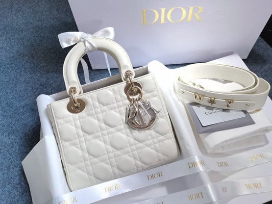 Pre-owned Brand New Lady Dior My ABCDior Small White Lambskin Light Golden Hardware, Full Set