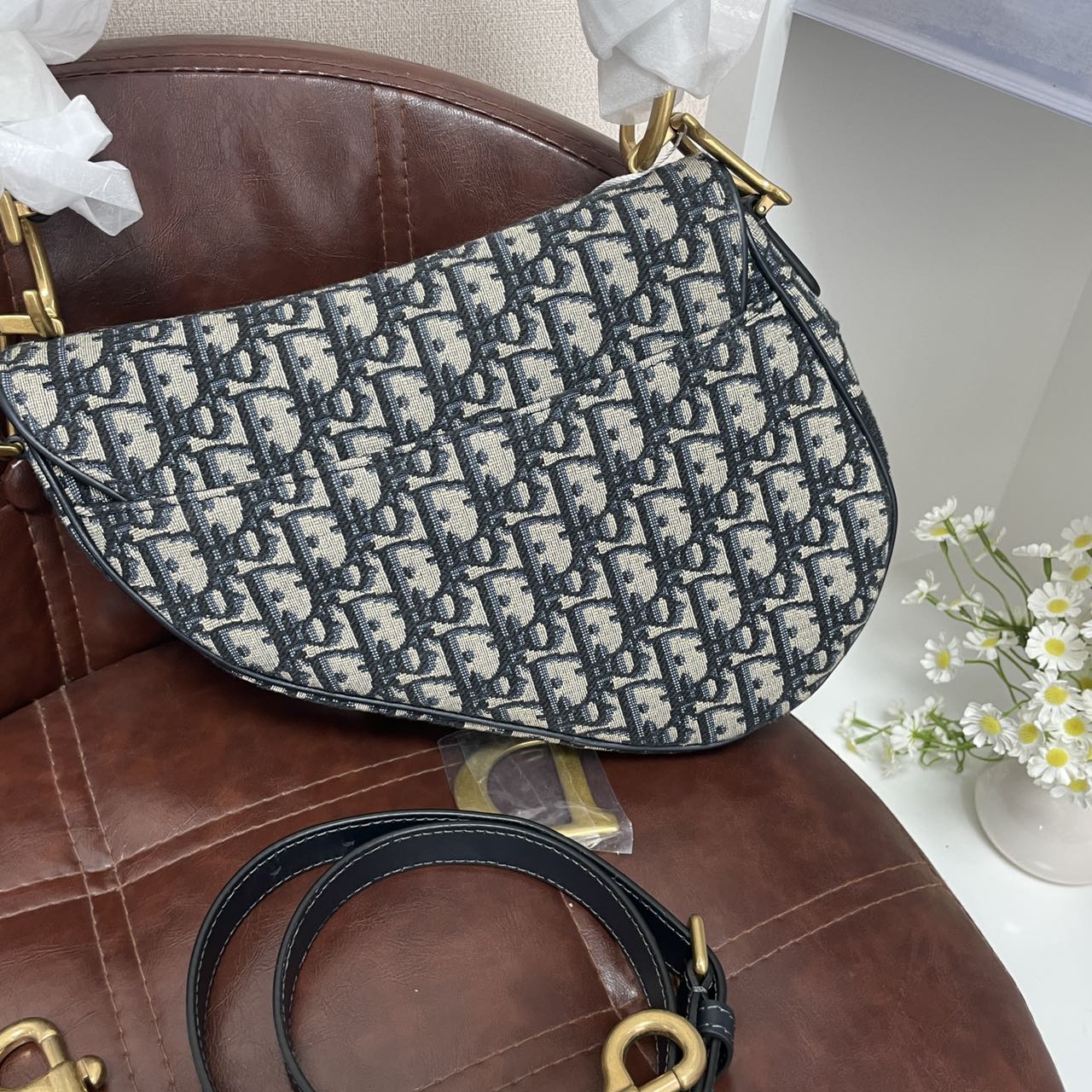 Pre-owned Certified Dior Medium Saddle in Blue Oblique Canvas, 2022 New Model with Leather Strap, w/ dust bag, leather strap