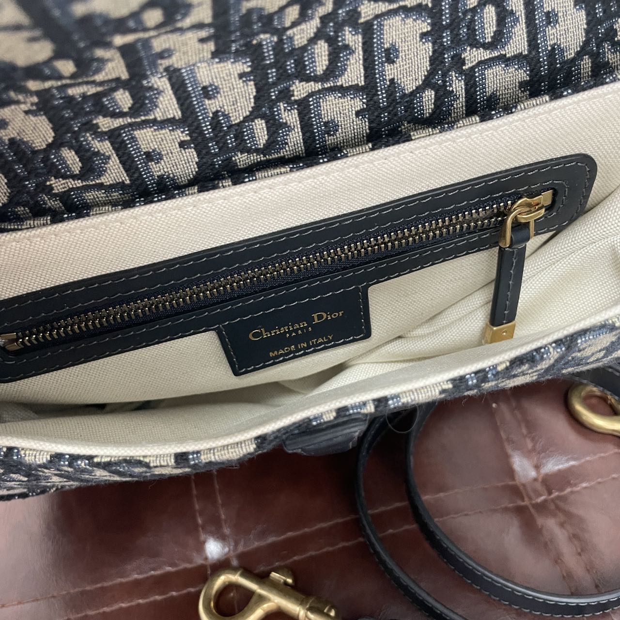 Pre-owned Certified Dior Medium Saddle in Blue Oblique Canvas, 2022 New Model with Leather Strap, w/ dust bag, leather strap