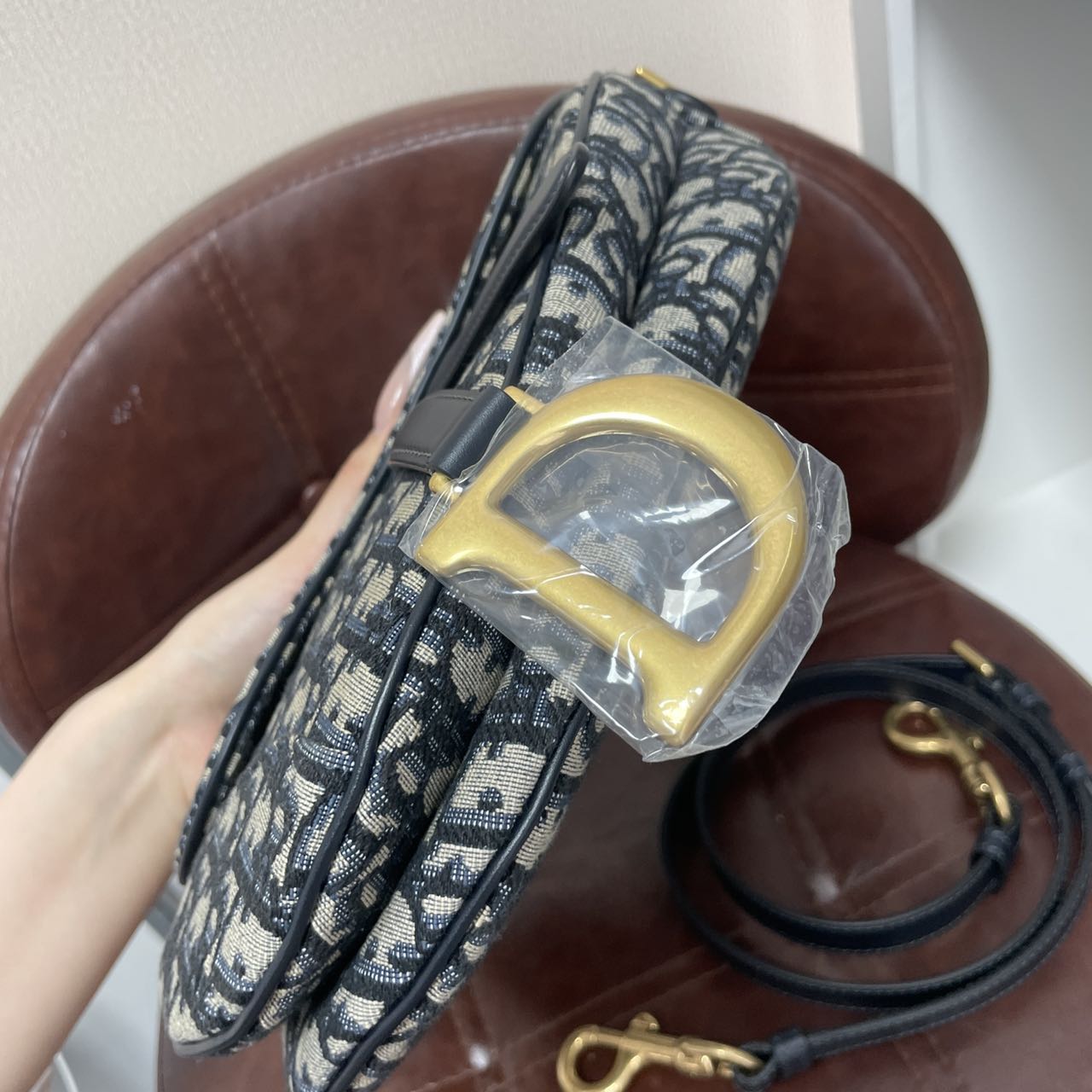 Pre-owned Certified Dior Medium Saddle in Blue Oblique Canvas, 2022 New Model with Leather Strap, w/ dust bag, leather strap