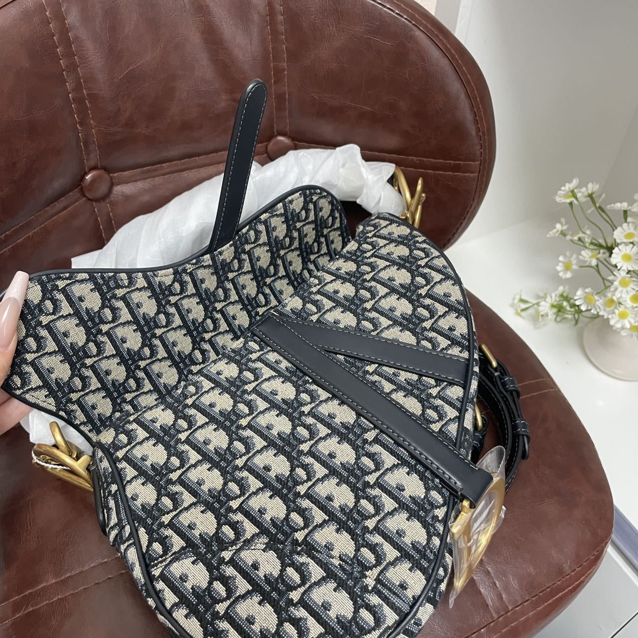 Pre-owned Certified Dior Medium Saddle in Blue Oblique Canvas, 2022 New Model with Leather Strap, w/ dust bag, leather strap