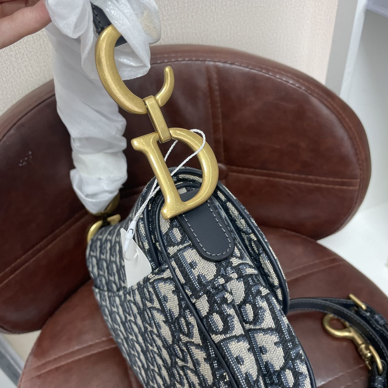 Pre-owned Certified Dior Medium Saddle in Blue Oblique Canvas, 2022 New Model with Leather Strap, w/ dust bag, leather strap