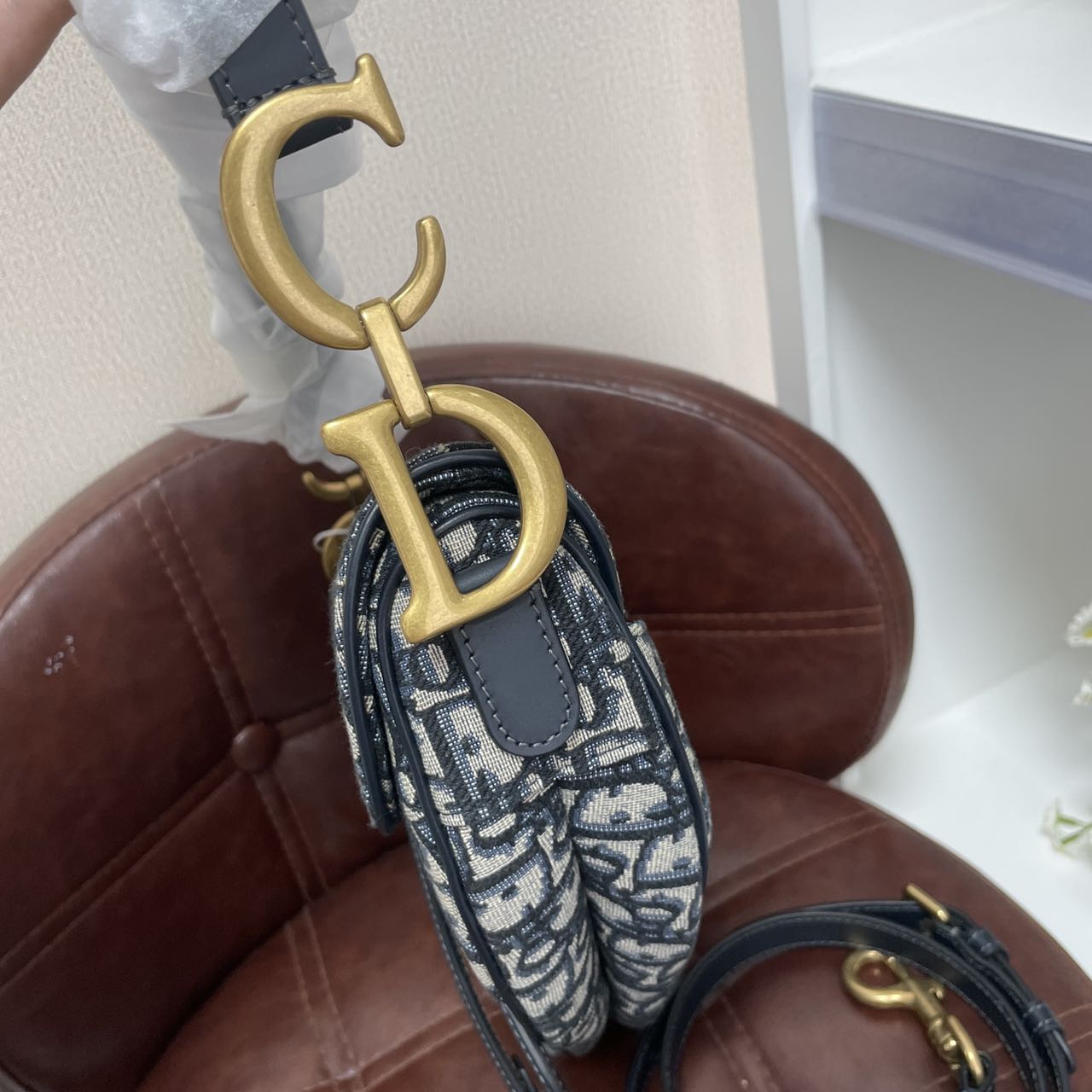 Pre-owned Certified Dior Medium Saddle in Blue Oblique Canvas, 2022 New Model with Leather Strap, w/ dust bag, leather strap