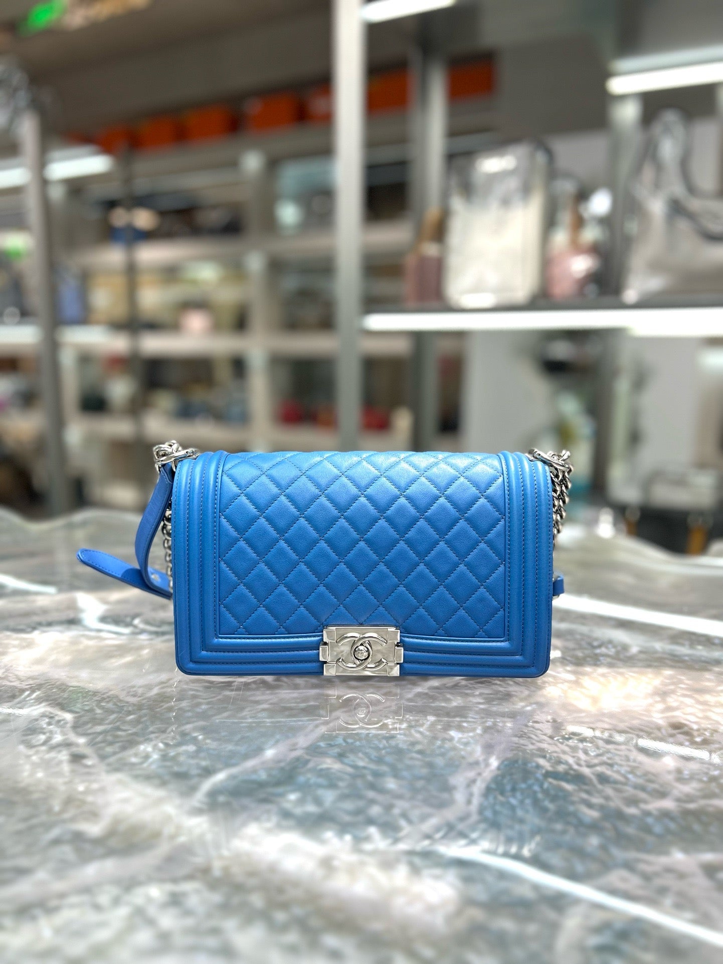 Pre-owned Chanel Medium Le Boy Miami Blue Calfskin Silver hw, 2020 Like New, w/ card (29), dust bag