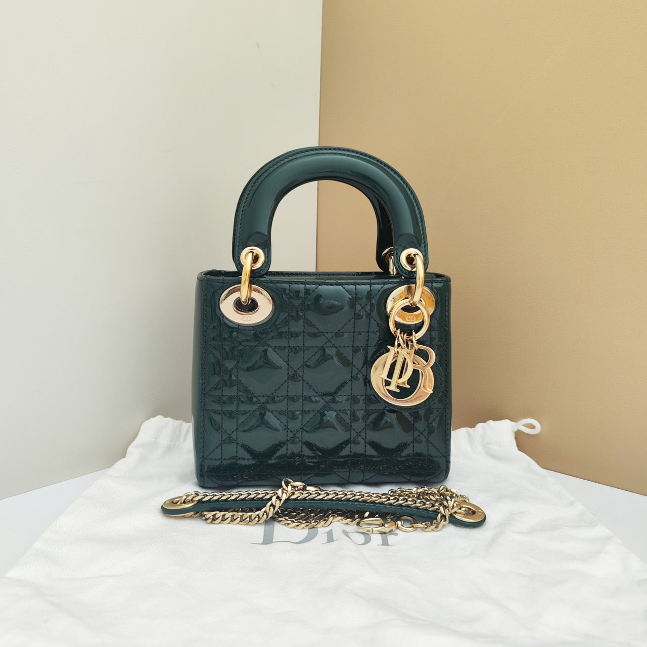 Pre-owned Lady Dior Mini Dark Green Patent Leather Golden hw, Like New, w/ dust bag, strap