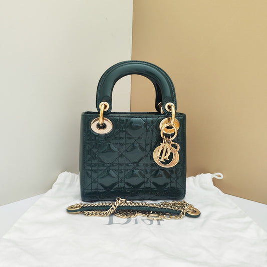 Pre-owned Lady Dior Mini Dark Green Patent Leather Golden hw, Like New, w/ dust bag, strap