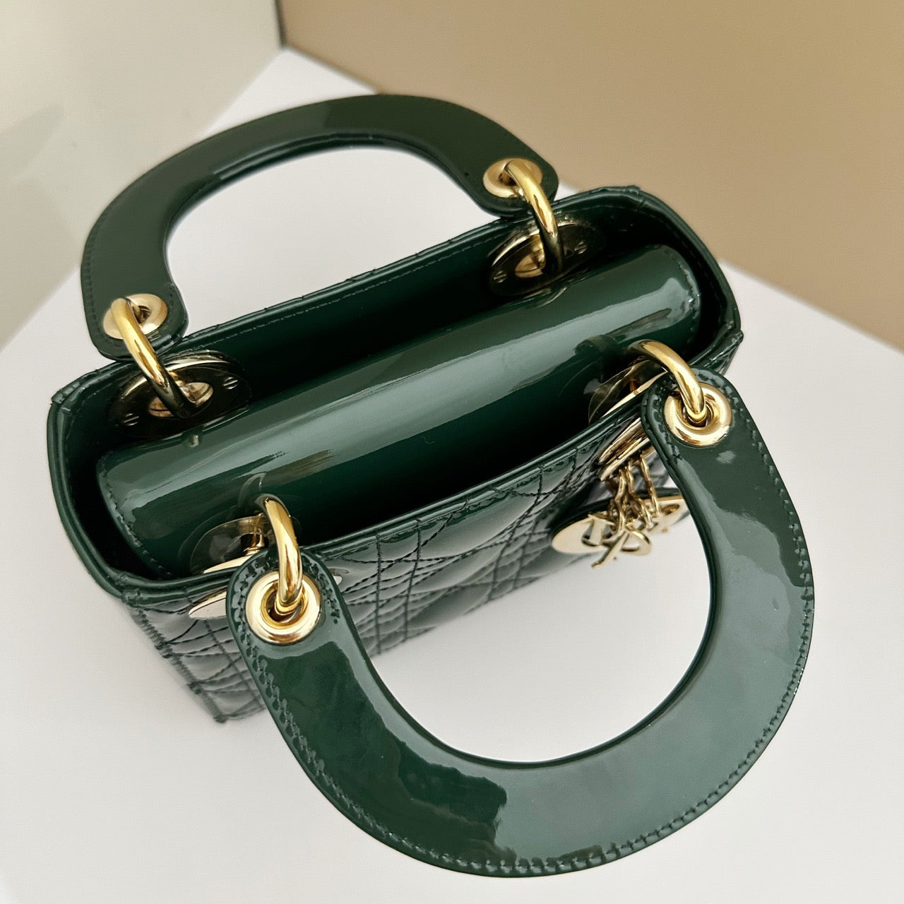 Pre-owned Lady Dior Mini Dark Green Patent Leather Golden hw, Like New, w/ dust bag, strap