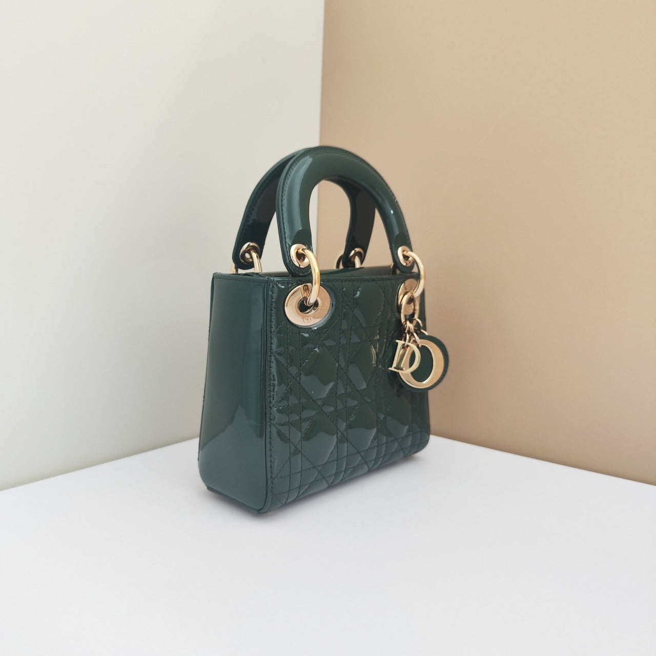 Pre-owned Lady Dior Mini Dark Green Patent Leather Golden hw, Like New, w/ dust bag, strap