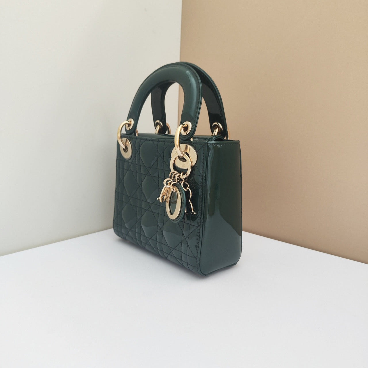 Pre-owned Lady Dior Mini Dark Green Patent Leather Golden hw, Like New, w/ dust bag, strap