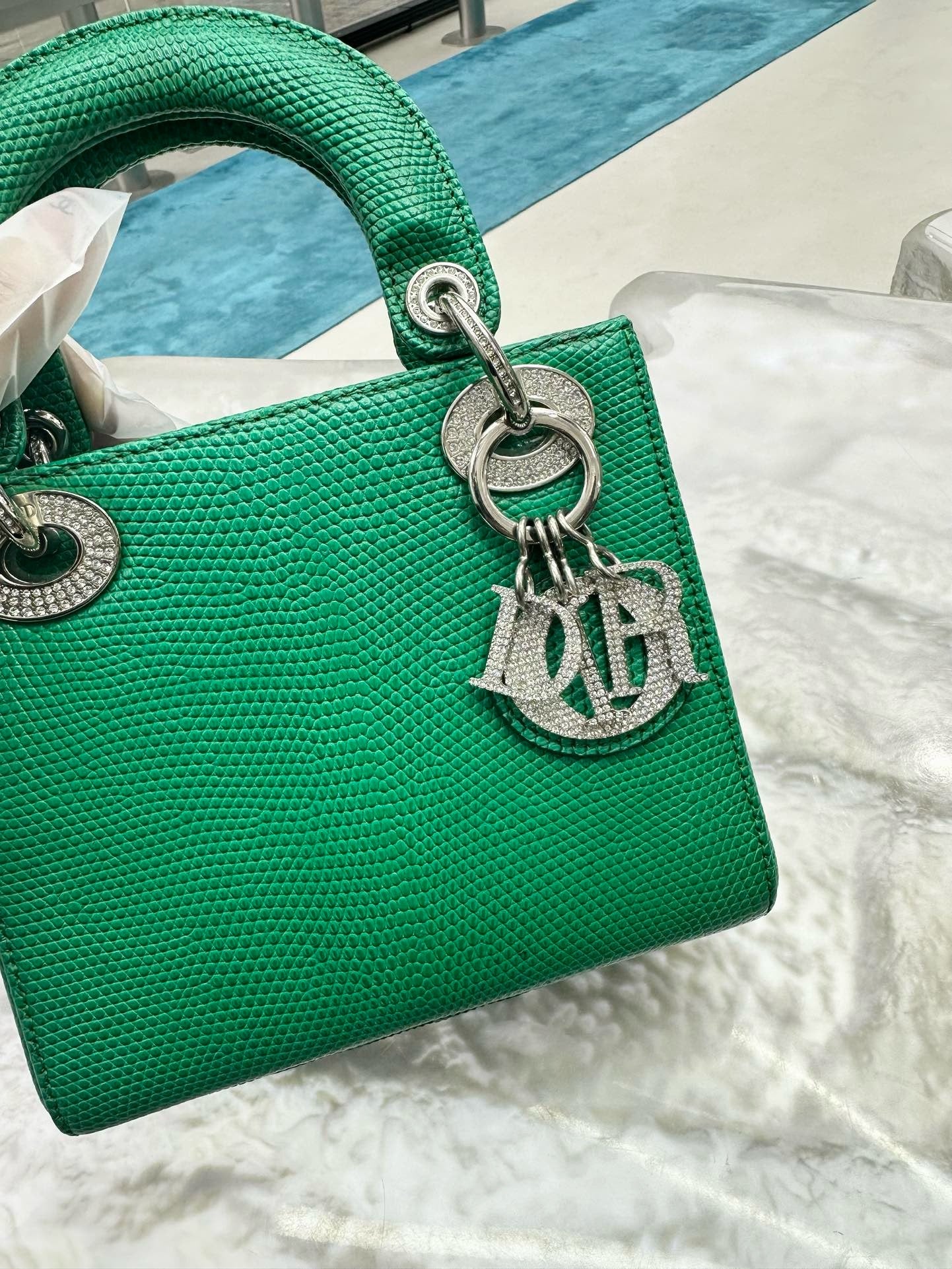 Pre-owned Mini Lady Dior Natural Lizard in Rich Green with Crystal Hardware, w/ strap, dust bag