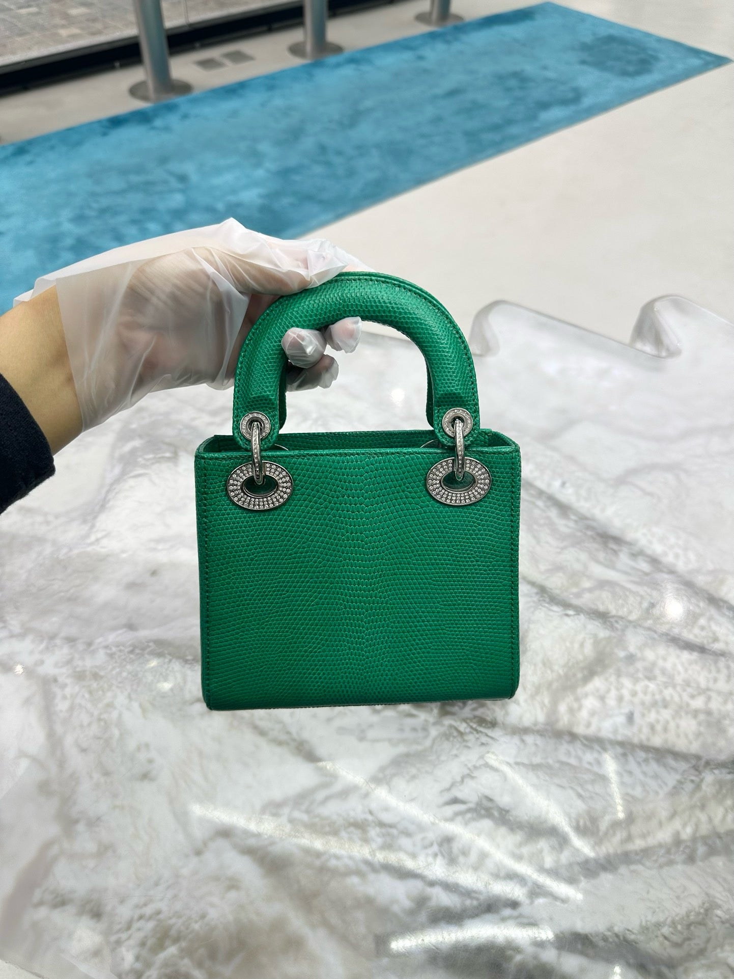 Pre-owned Mini Lady Dior Natural Lizard in Rich Green with Crystal Hardware, w/ strap, dust bag