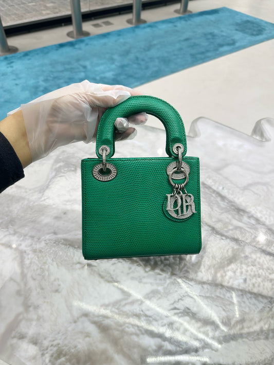 Pre-owned Mini Lady Dior Natural Lizard in Rich Green with Crystal Hardware, w/ strap, dust bag