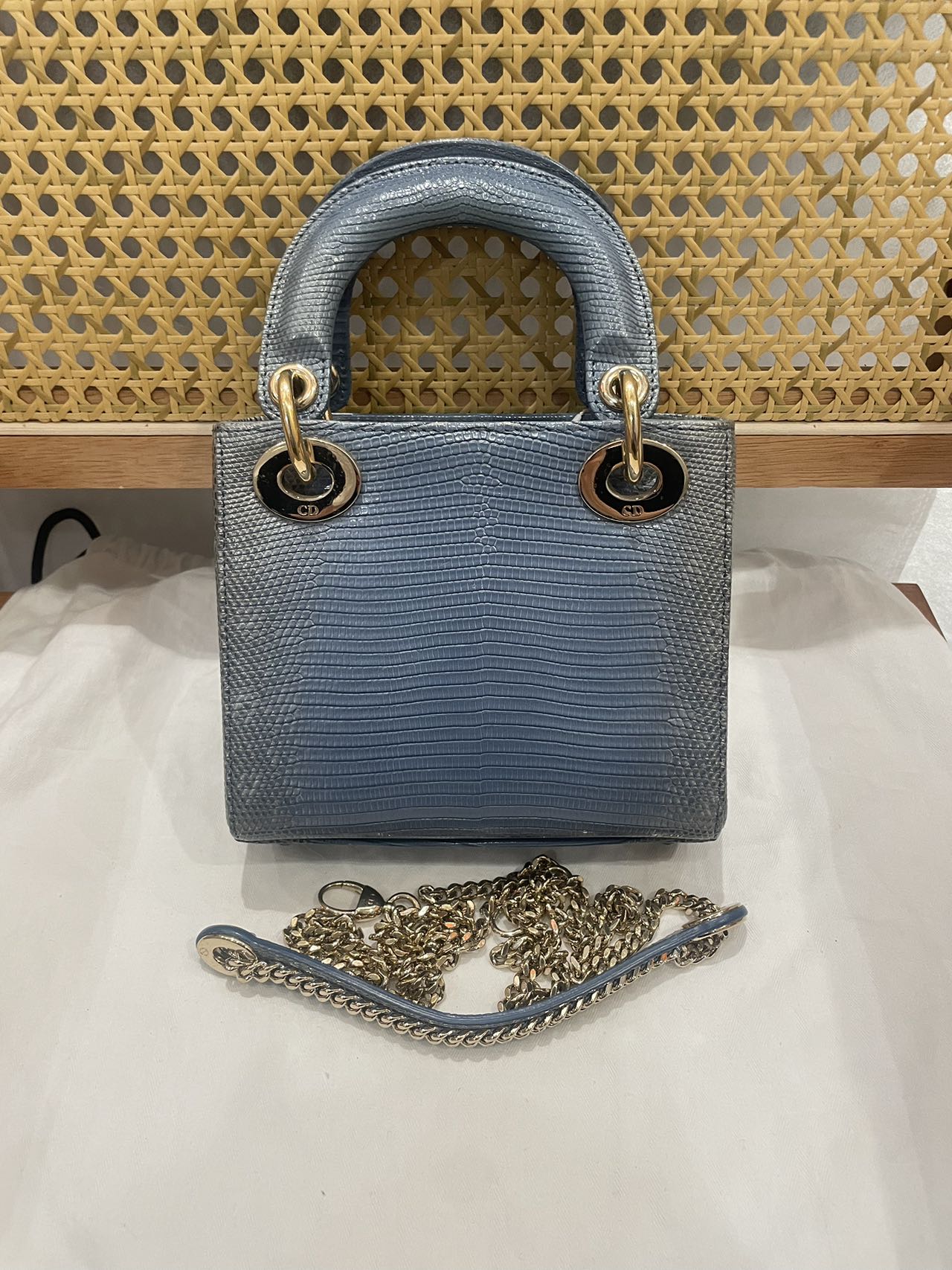 Pre-owned Certified Dior Mini Lady Dior Natural Rare Lizard Skin Blue Ombre Light Golden Hardware, 2022, w/ Full Set