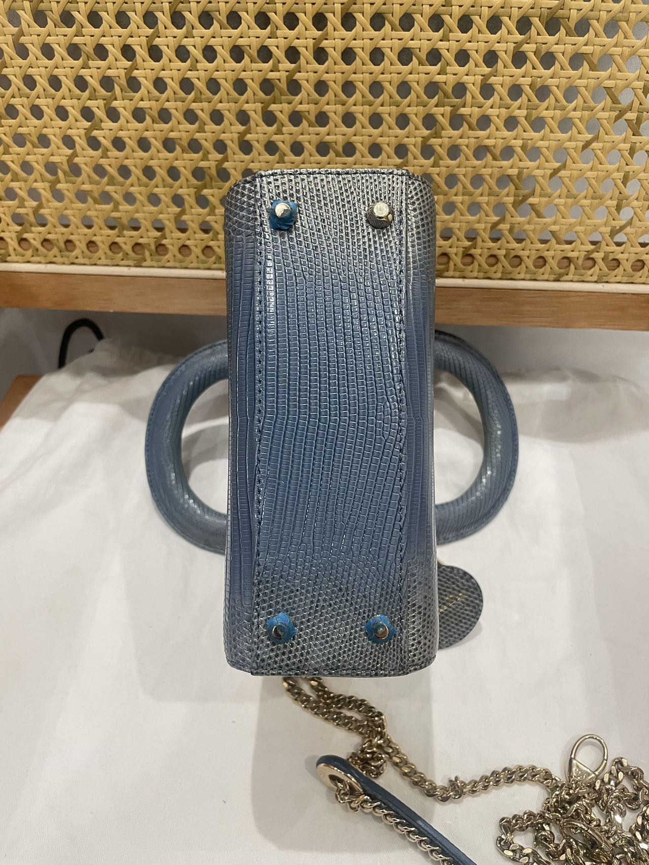 Pre-owned Certified Dior Mini Lady Dior Natural Rare Lizard Skin Blue Ombre Light Golden Hardware, 2022, w/ Full Set